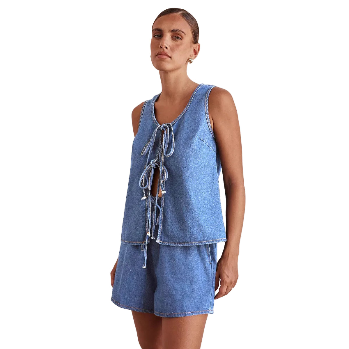 Women Casual Denim Sleeveless Lace Up Vest + Shorts Set
