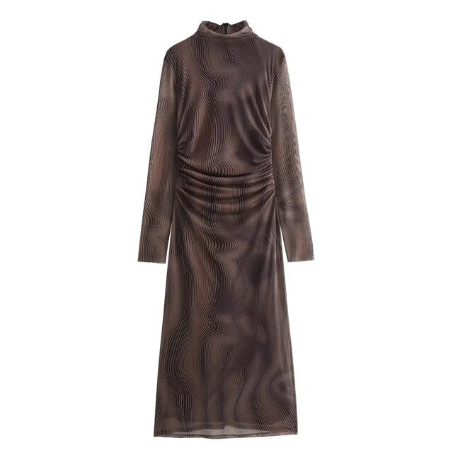 Woman Print Tulle Vintage Ruched Midi Dresses