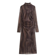 Woman Print Tulle Vintage Ruched Midi Dresses