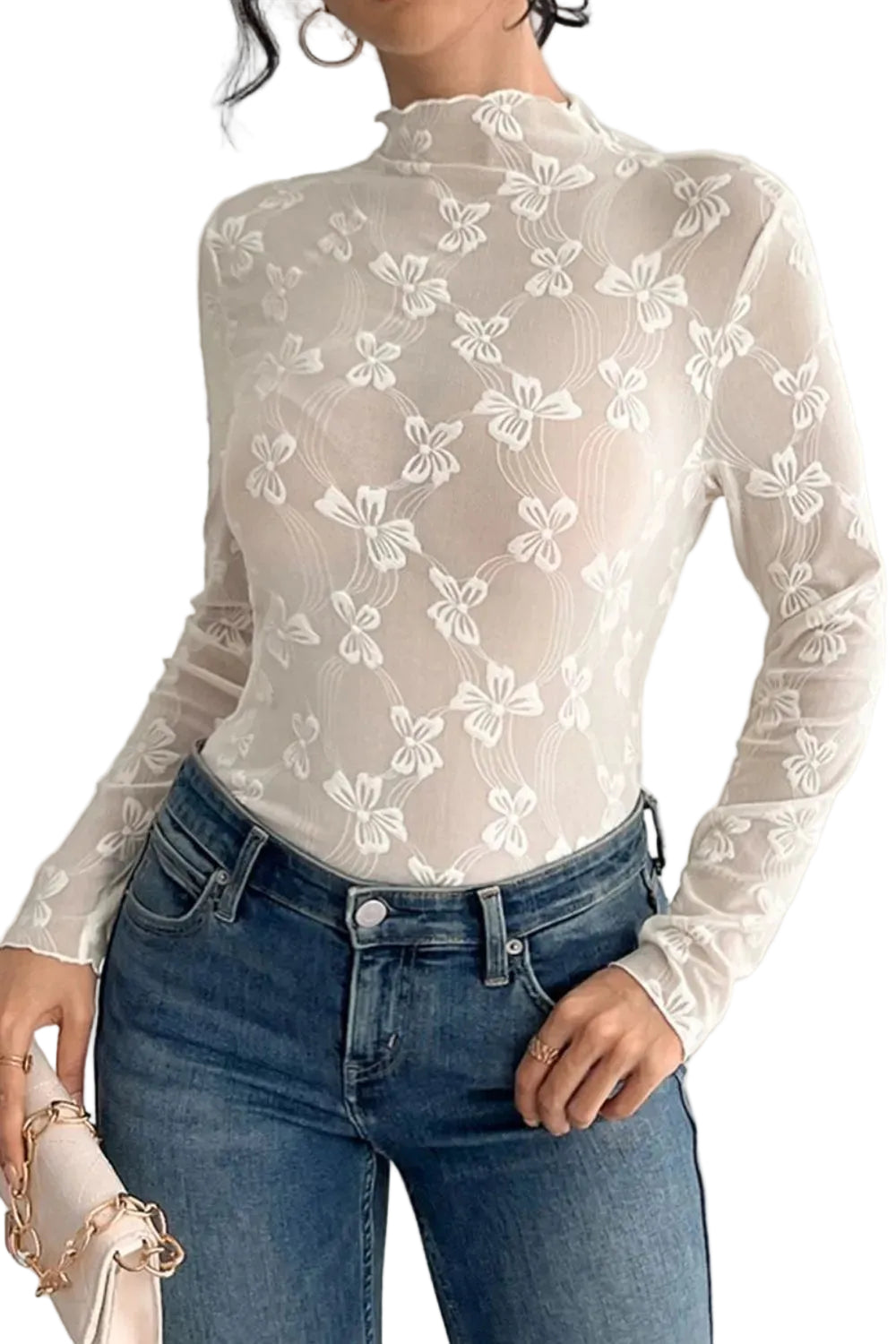 Women Bow Print Mock Neck Long Sleeve T-Shirt