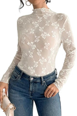 Women Bow Print Mock Neck Long Sleeve T-Shirt