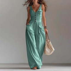 Pocket V-neck button vest jumpsuit for women