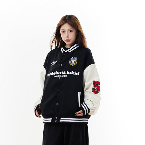 Women Leather Patchwork Contrasting Baseball Jacket