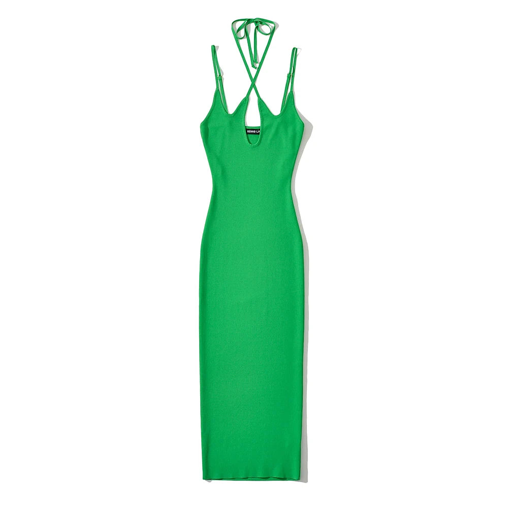 Women Sleeveless Knitted Cross Halter Midi Dress