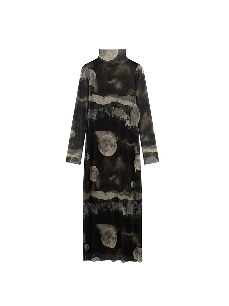 Women Tulle Printed Turtleneck Vintage Long Sleeve Dress