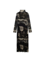Women Tulle Printed Turtleneck Vintage Long Sleeve Dress
