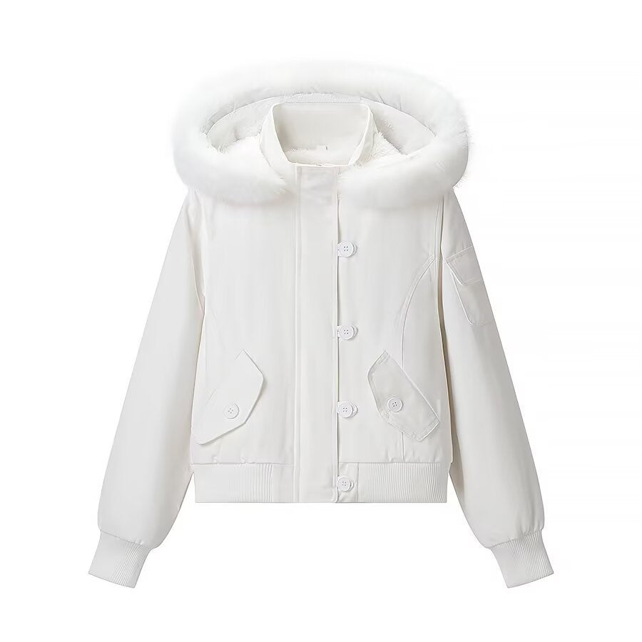 Woman Classic Detachable Fur Collar Hooded Jacket