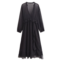 Women Casual Deep V-neck Polka Dot Chiffon Dress