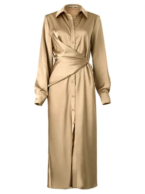 Women Long Sleeve Single Breasted Slim Dress