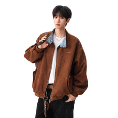 Men Suede Plaid Turn-Down Collar Jacket