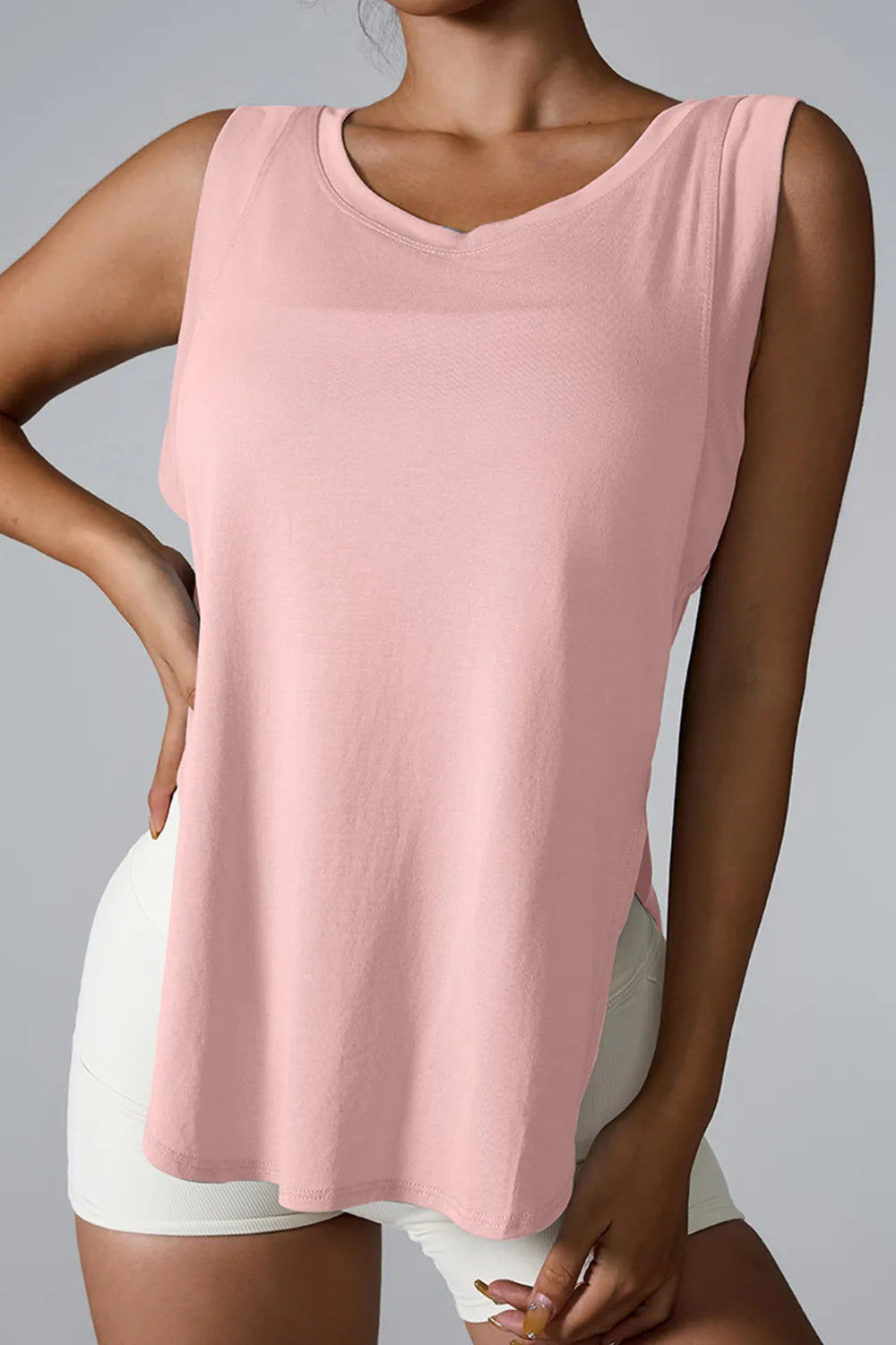 Women Slit Round Neck Sleeveless Shirts