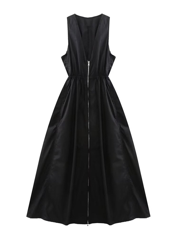Women Vintage Sleeveless Elastic Waist Front Zipper Dress