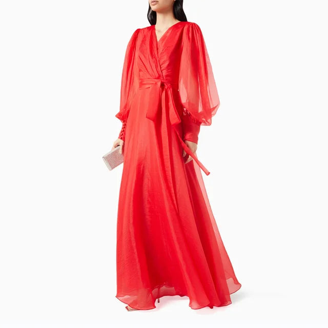 Women Elegant Lantern Sleeve Lace Up Dresses