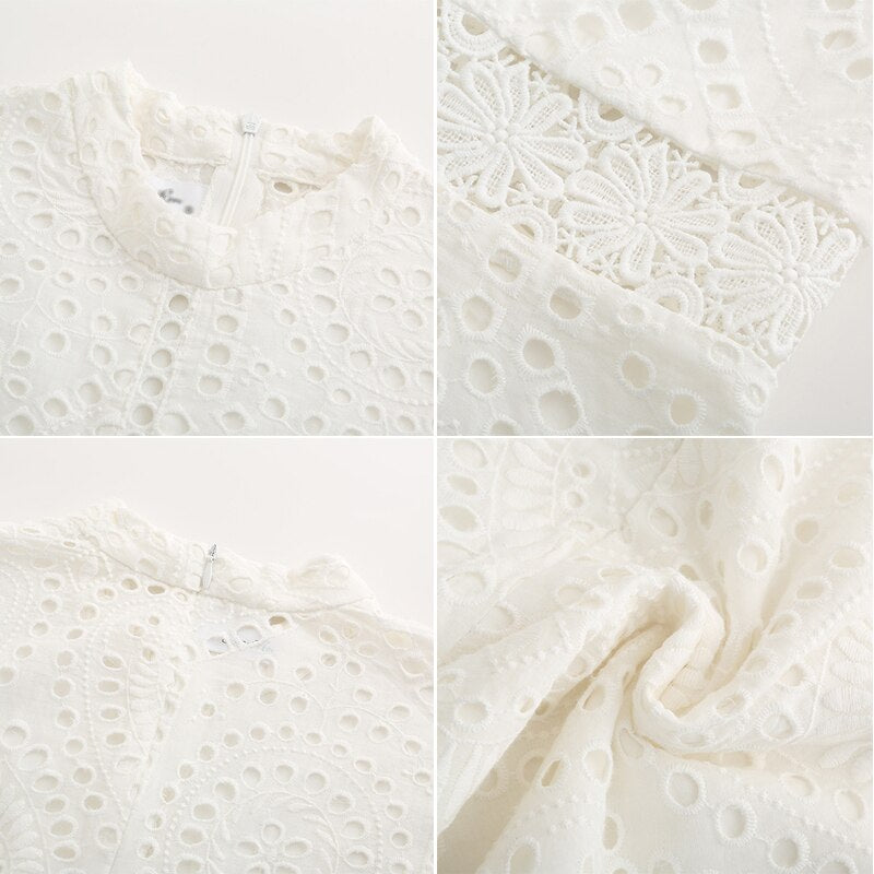 Women Elegant White Lace Embroidery Mini Dress