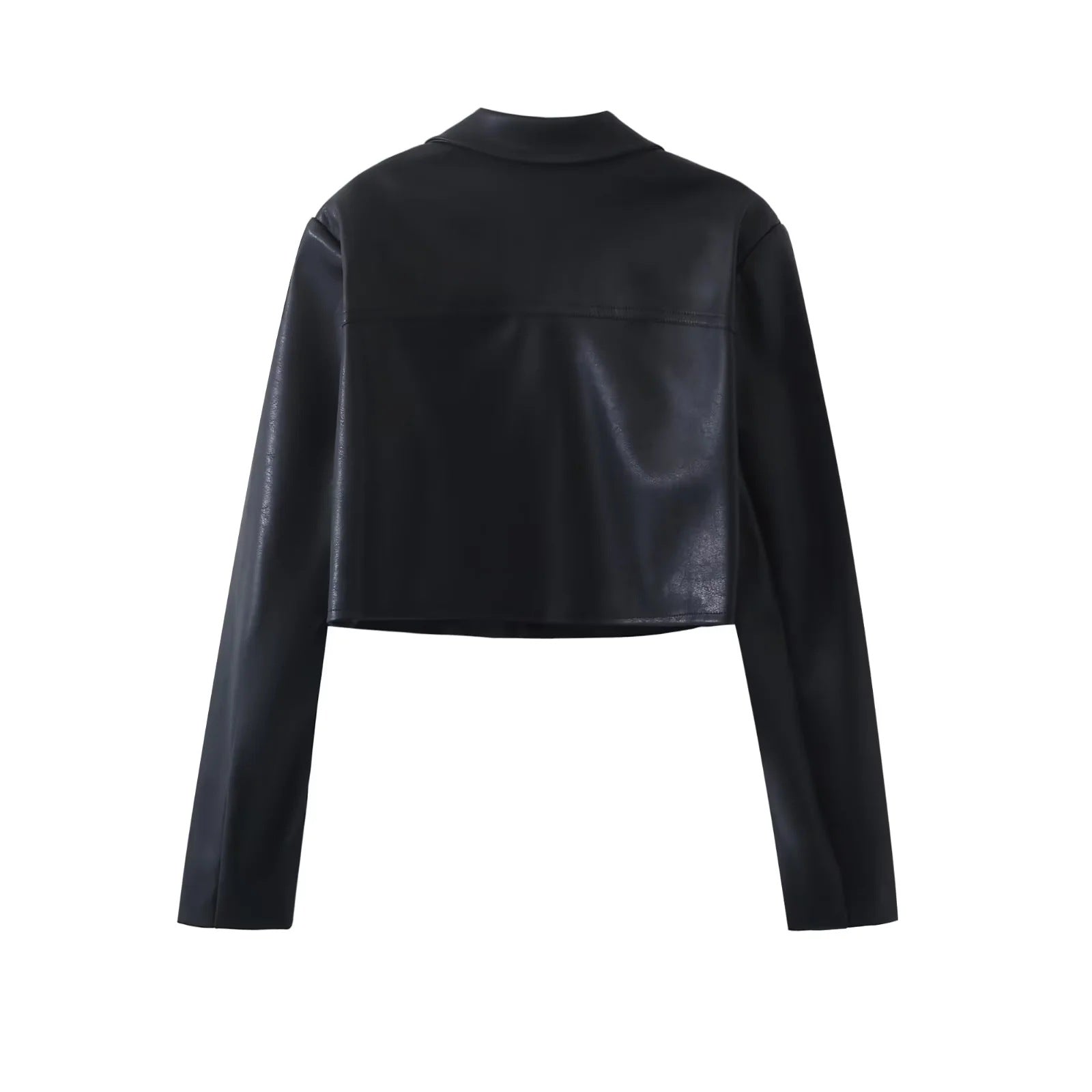 Women Faux Leather Cropped Jacket + Button Mini Skirt Suit