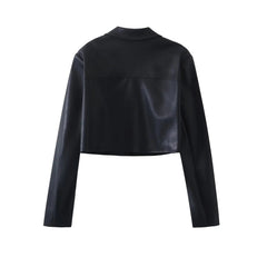 Women Faux Leather Cropped Jacket + Button Mini Skirt Suit
