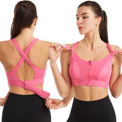 Adjustable Front Zipper Sports Bra, Shockproof, Wire-Free, Back Cross Design, Yoga Bra for Women