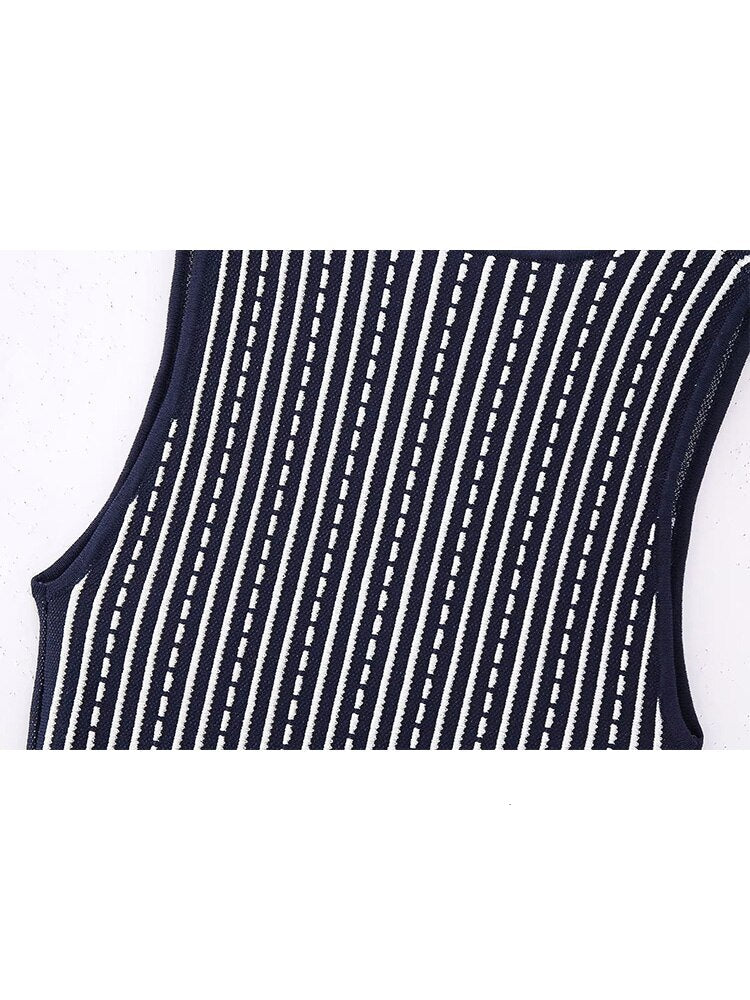 Woman Stripe Sleeveless Square Neck Dresses