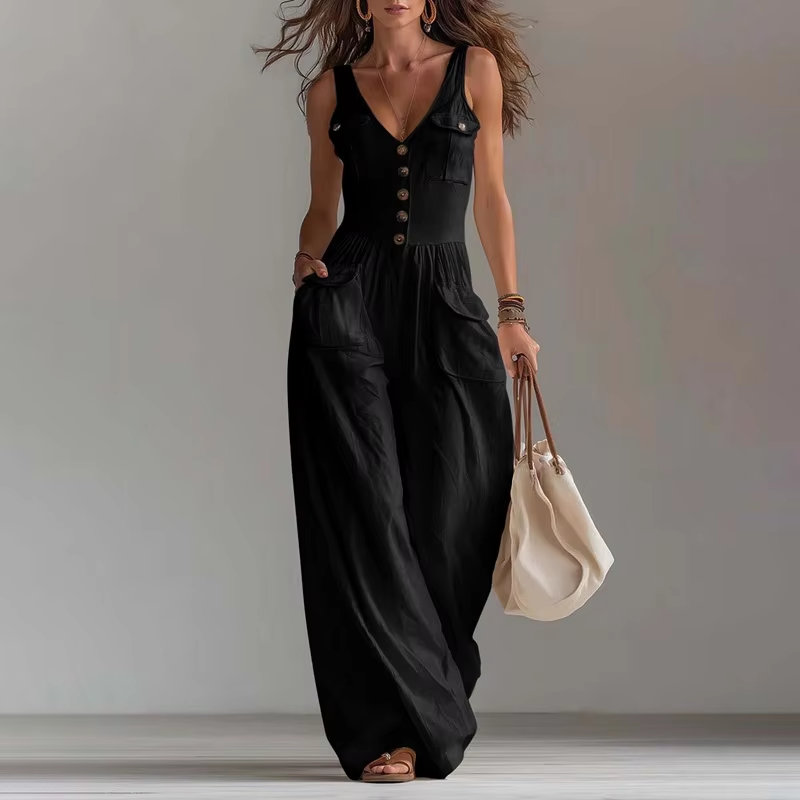 Pocket V-neck button vest jumpsuit for women