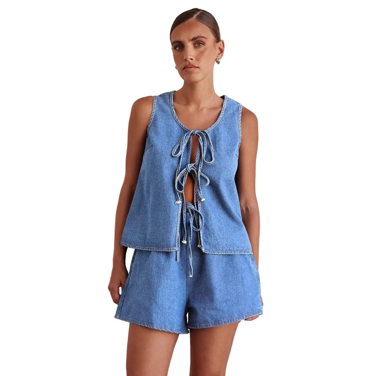 Women Casual Denim Sleeveless Lace Up Vest + Shorts Set
