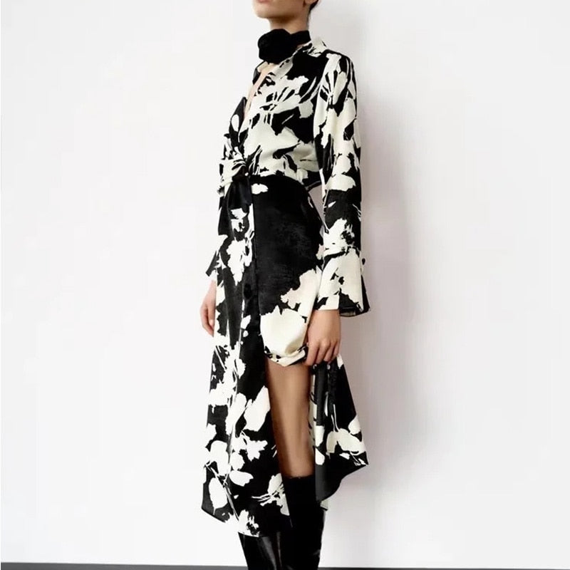 Woman Casual Summer Flower Print Long-Sleeve Dress