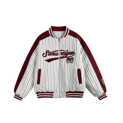 Unisex Letter Embroidered Striped Cotton Varsity Jacket