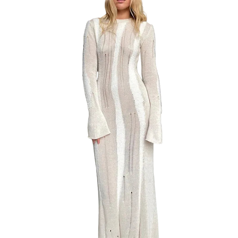 Women Knitted  O Neck Long Sleeve Sweater Dress