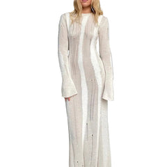 Women Knitted  O Neck Long Sleeve Sweater Dress