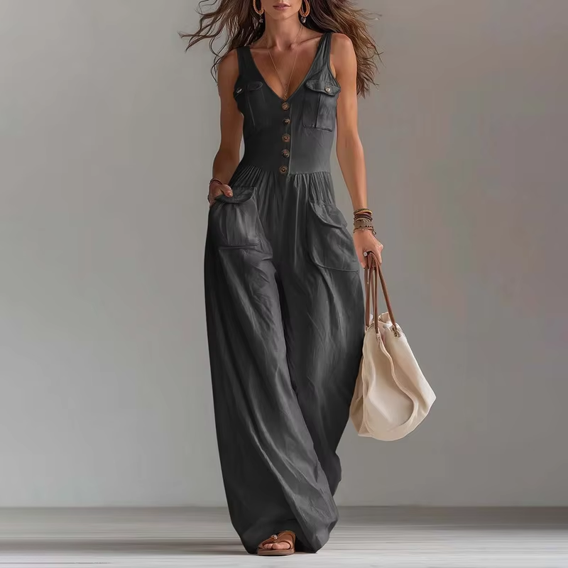 Pocket V-neck button vest jumpsuit for women