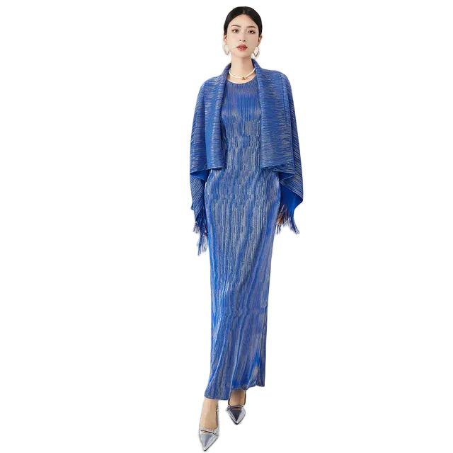 Women Elegant Tassel Shawl Sleeveless Long Dress 2 Piece Set