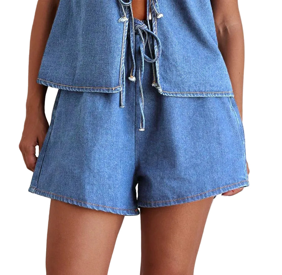 Women Casual Denim Sleeveless Lace Up Vest + Shorts Set