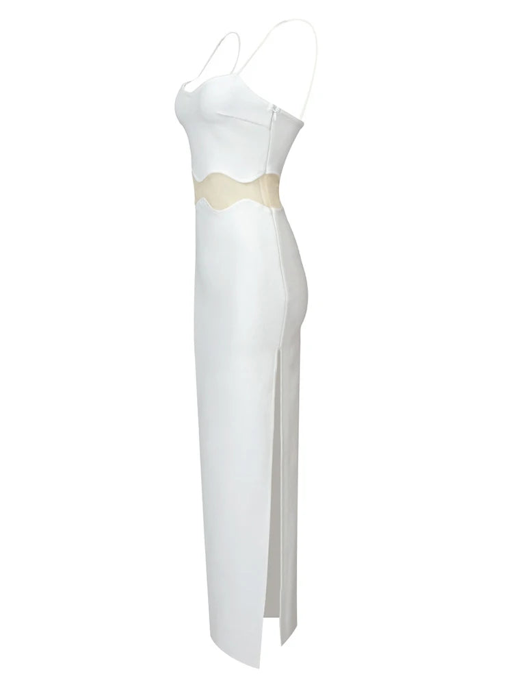 Women Square Collar Sleeveless High Waist Mesh Side Split Dress