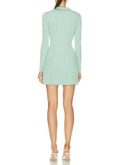 Women Elegant Mint A Line Short Lapel Knit Dress