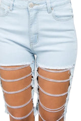 Women Cutoff Denim Bermuda Shorts with Chain