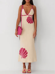 Women Summer Sleeveless V Neck Shell Print Dresses