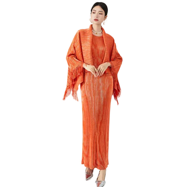 Women Elegant Tassel Shawl Sleeveless Long Dress 2 Piece Set