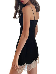 Women  Elegant V-Neck High Waist Tassel Spaghetti Strap Dress