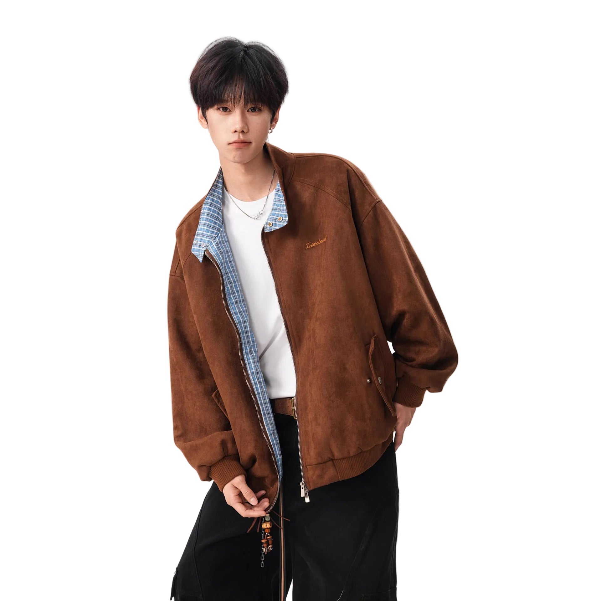 Men Suede Plaid Turn-Down Collar Jacket