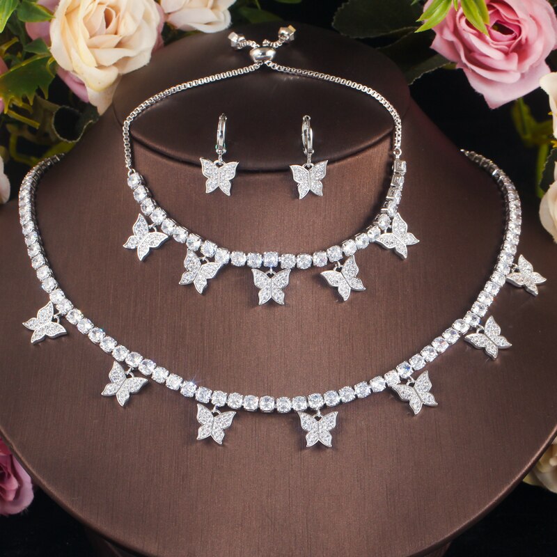 Accessories Women White CZ Cute Butterfly Jewellery Set
