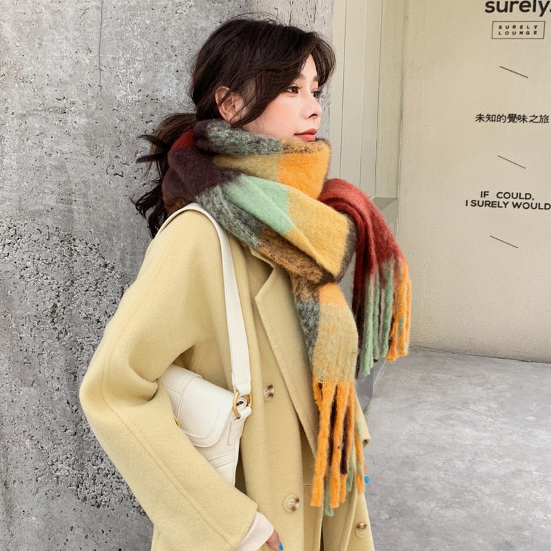 Women Cashmere Plaid Tassels Shawl Scarf