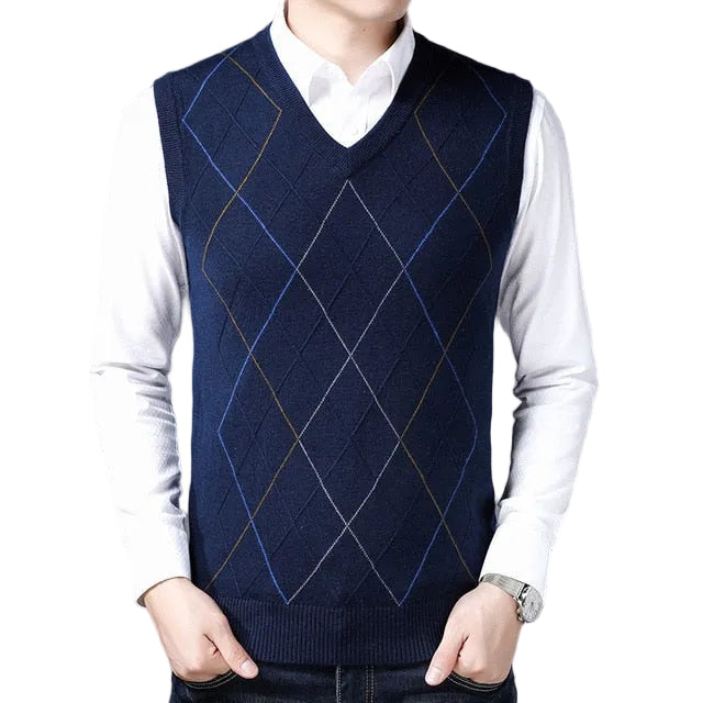 Men V-Neck Sleeveless Knitted Cashmere Wool Sweater Vest
