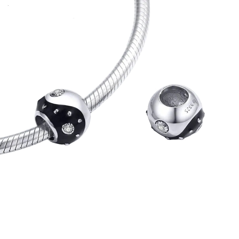 Sterling Silver 925 Taichi White + Black Enamel Metal Beads