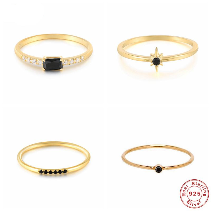 Sterling Silver 925 Black Zircon Gold Plated Ring