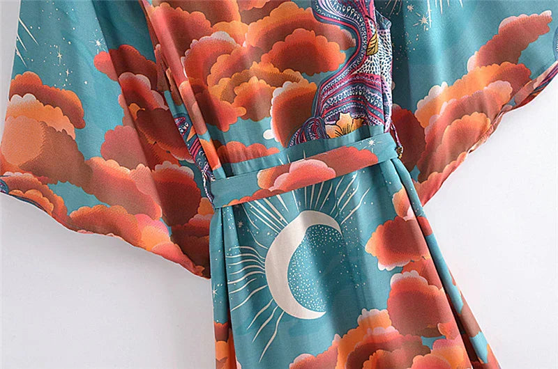 Women Star Floral Print Bat Sleeve Beach Kimono Dresses