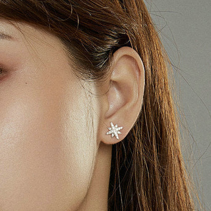 Sterling Silver 925 Women Asymmetric Star Drop CZ Stud Earrings