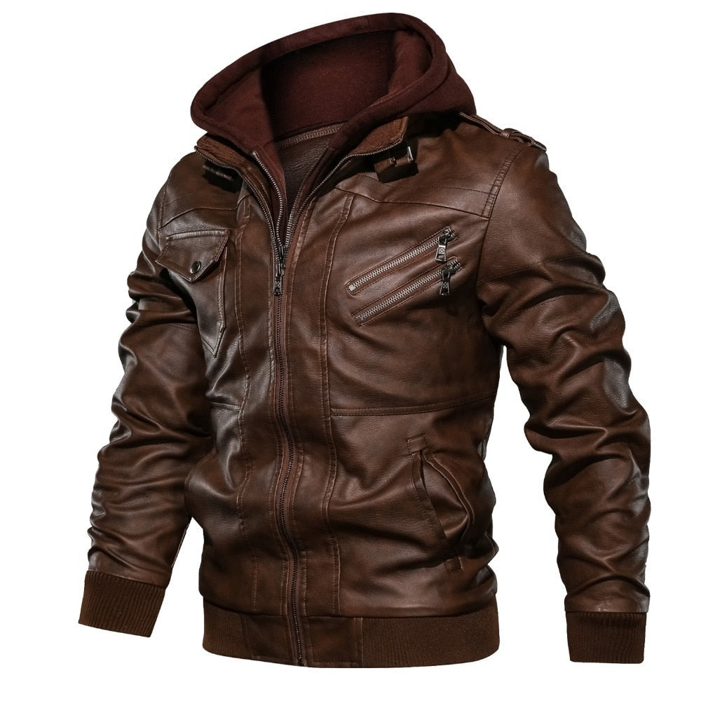 Men Winter Leather Hooded Motorcycle Jacket