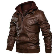 Men Winter Leather Hooded Motorcycle Jacket