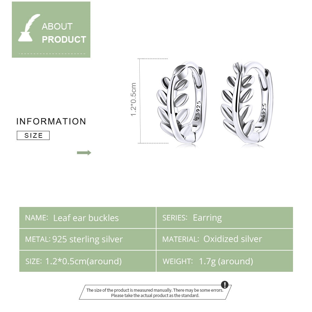 Sterling Silver 925 Leaf Ear Buckles Hoop Earrings