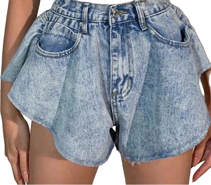 Women Casual Ruffle Hem Ripped Denim Shorts