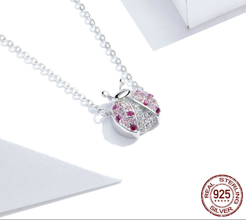 Sterling Silver 925  Pink CZ Ladybug Insect Chain Pendant Necklace